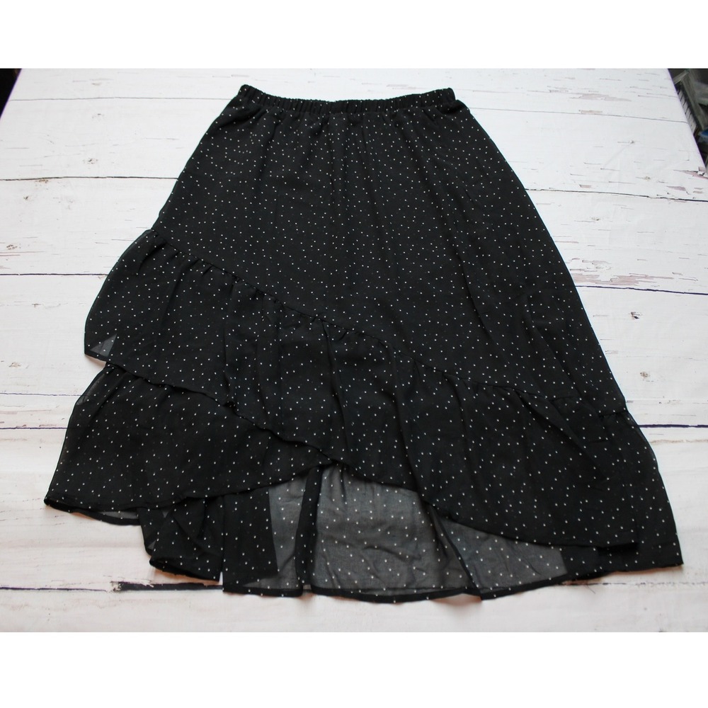 A New Day Black Polka Dot Ruffle Tiered High Low Midi Skirt Size M NWT